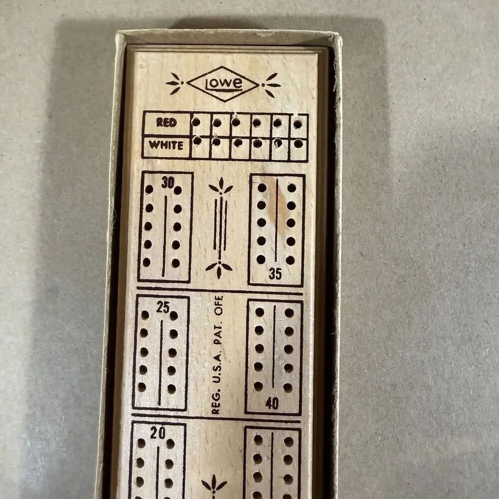 Vintage E.S. Lowe Wood 2-Player Cribbage Board 1503 Pegs Box No Instructions